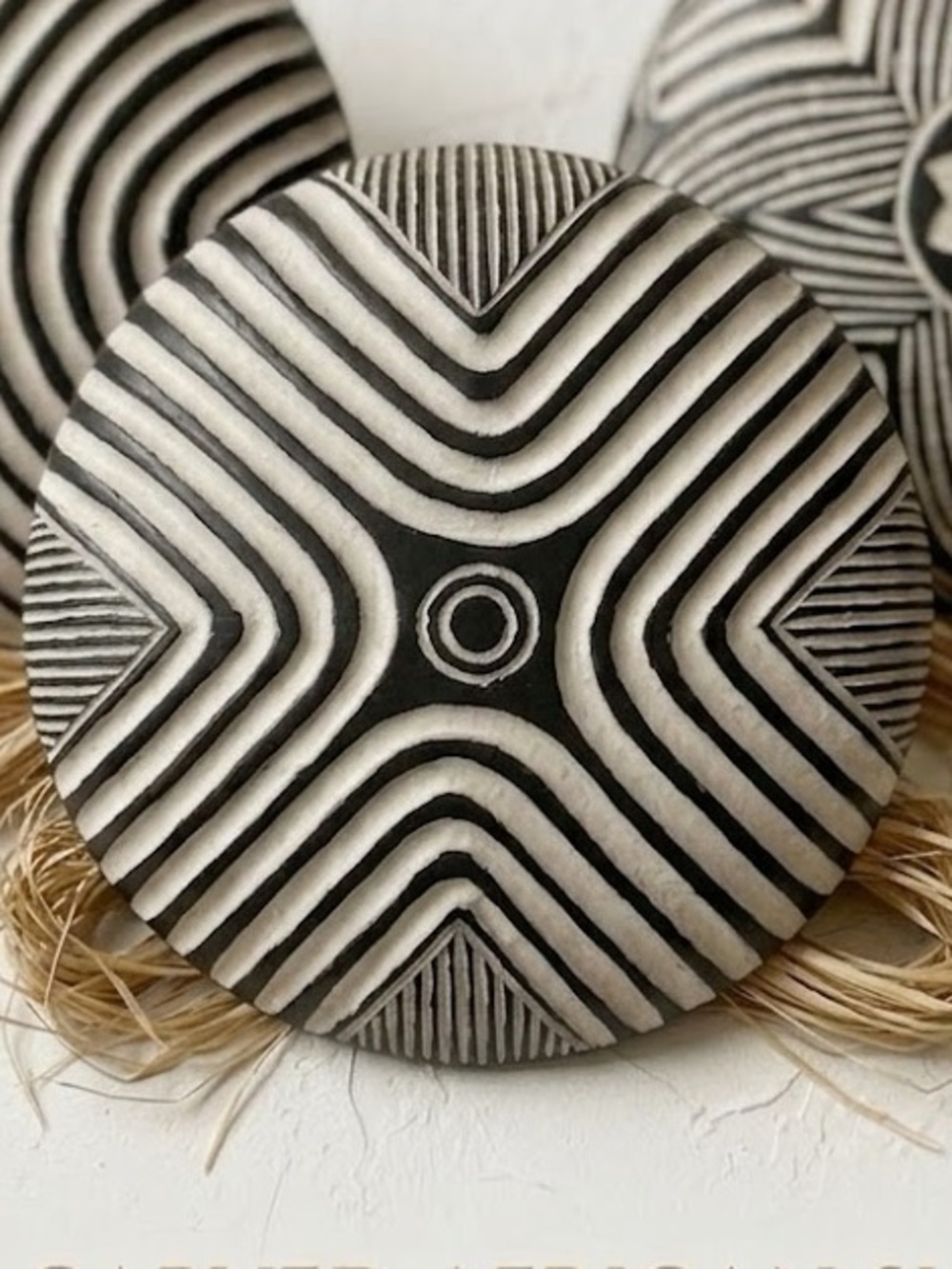African Carved Wood Shield Black White Wall Decor 13.25” X 13.25”
